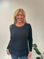 Black Ribbed Lace Trim Top Madeline